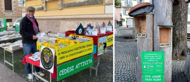 Arturo Osti e la sua libreria senza pareti e il tronco dei libri svuotato